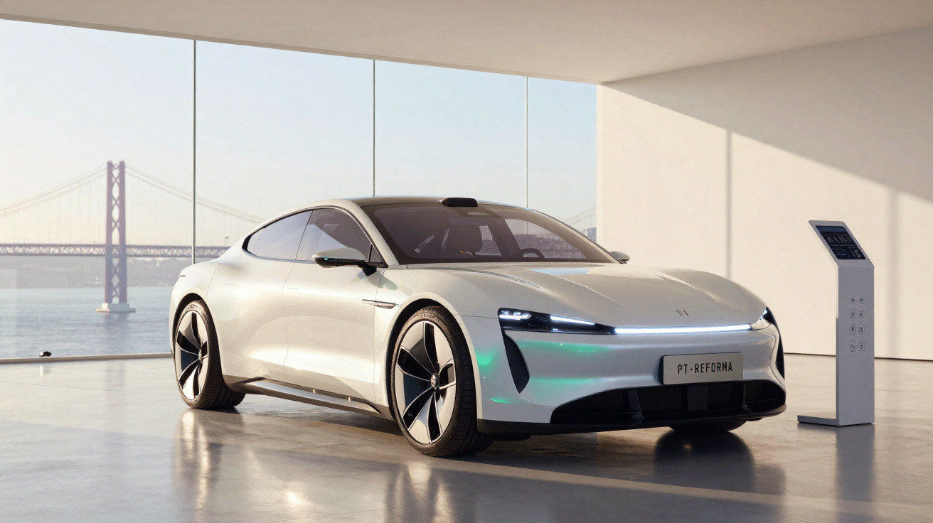 Carro elétrico esportivo branco estacionado em ambiente moderno com vista para ponte ao fundo.
