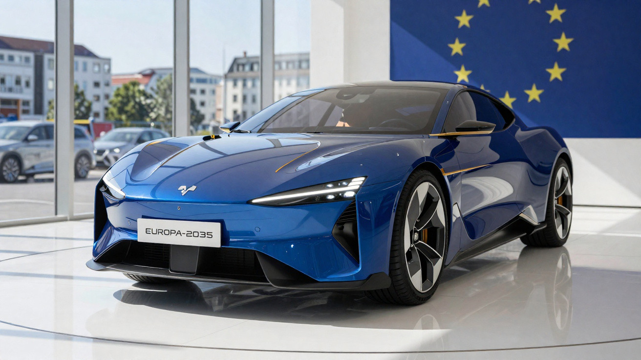 Carro esportivo elétrico azul com design futurista em exposição com bandeira da União Europeia ao fundo.