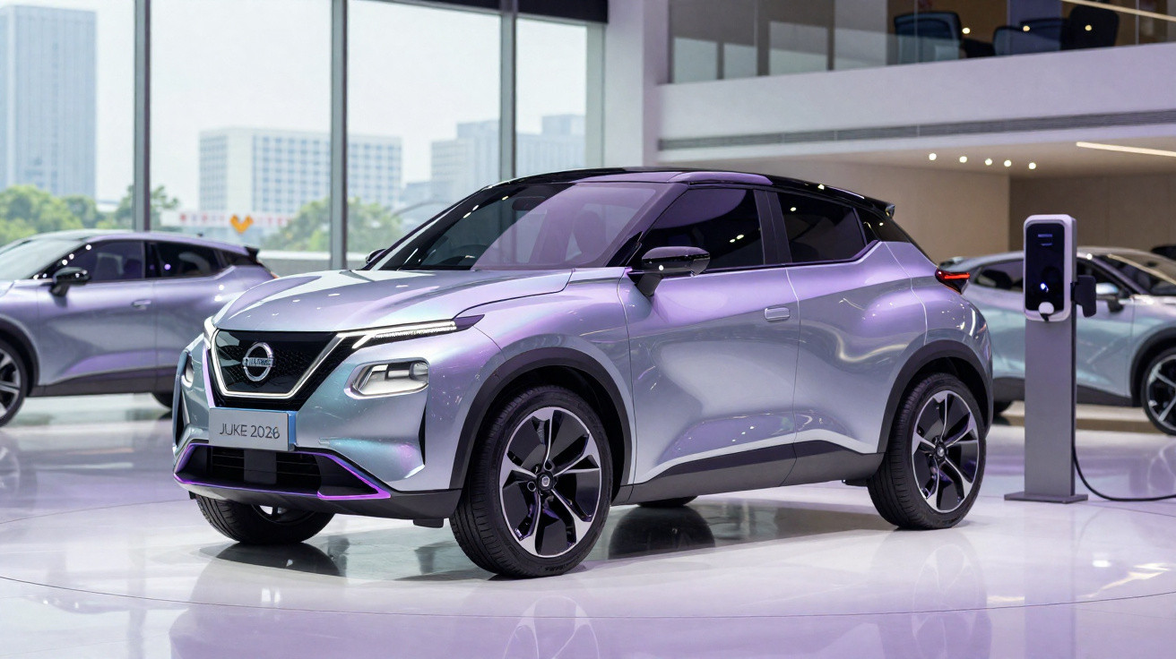 Carro elétrico Nissan Juke 2026 prateado em exposição com estação de recarga ao lado, em ambiente interno.