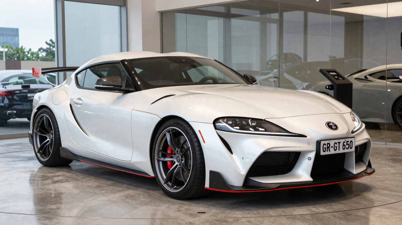 Carro esportivo branco Toyota Supra GR-GT 650 estacionado em showroom moderno com piso de cimento polido.