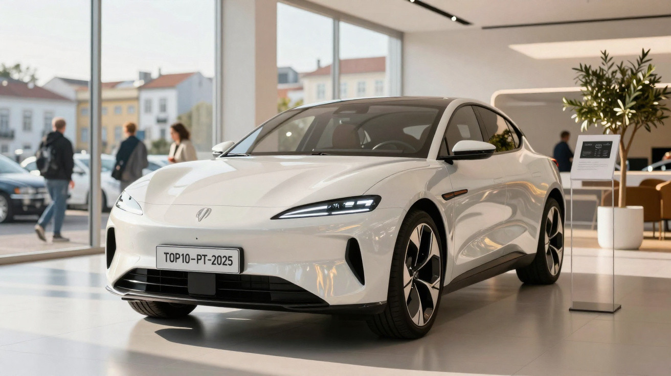 Carro elétrico branco moderno exibido em showroom com iluminação natural e pessoas ao fundo.