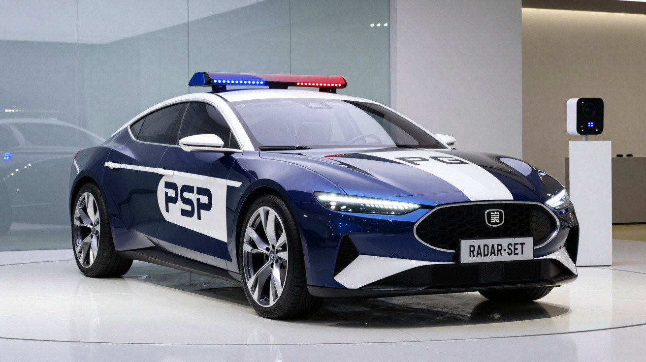 Carro policial esportivo azul e branco com luzes de emergência no teto exibido em ambiente interno.