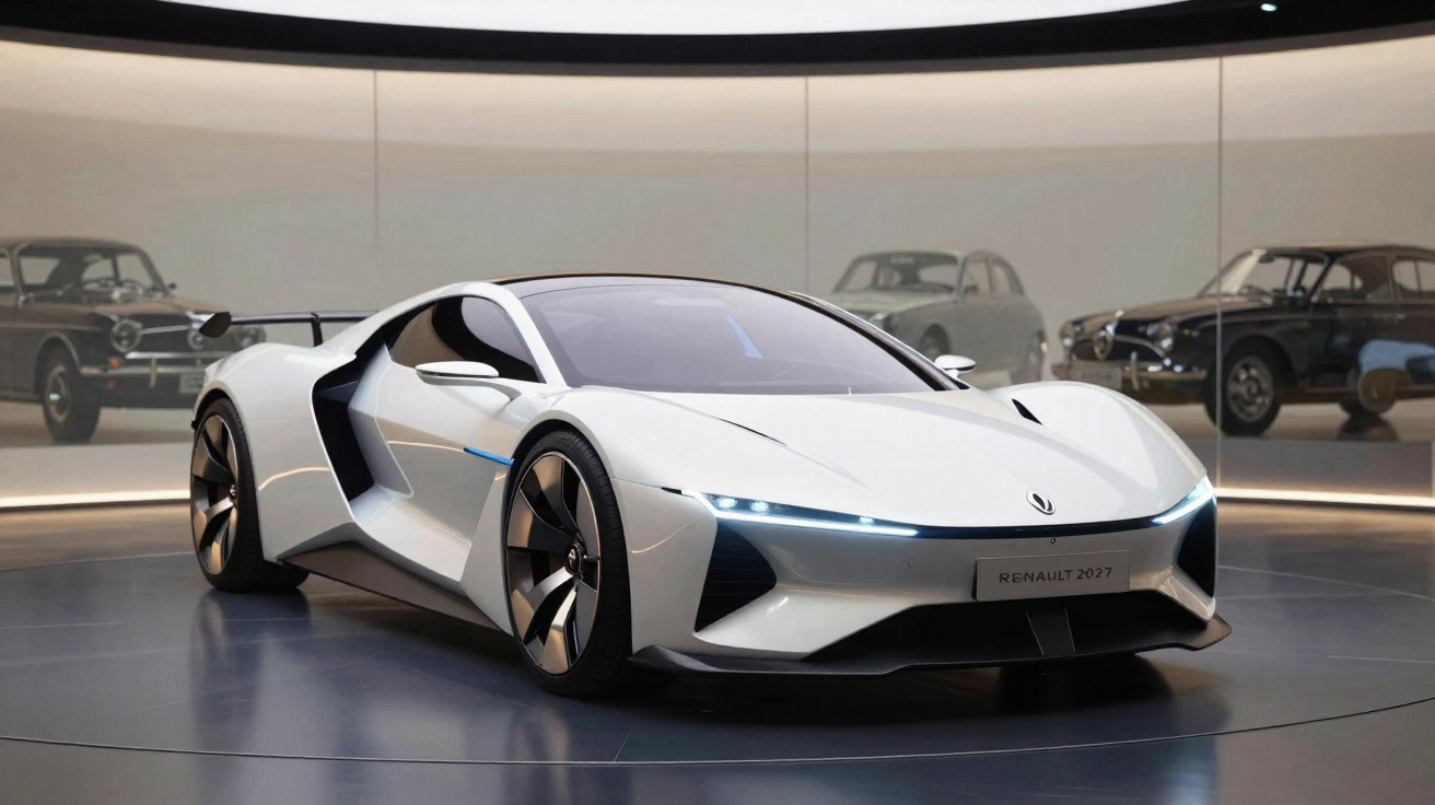 Carro esportivo branco futurista Renault 2027 em exposição com carros clássicos ao fundo.