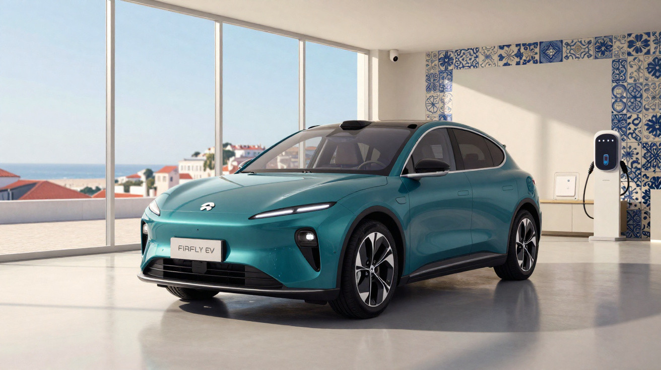 Carro elétrico azul estacionado em ambiente interno próximo a estação de recarga, com vista para cenário externo.