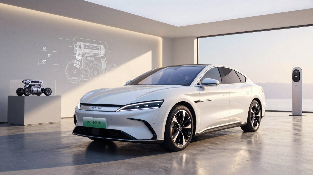 Carro elétrico branco estacionado em ambiente moderno com bancada de motor e carregador ao fundo.