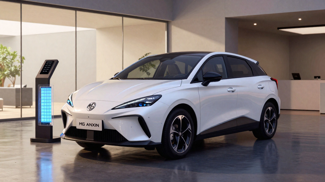 Carro elétrico branco MG Anxin estacionado em ambiente interno moderno com iluminação suave.