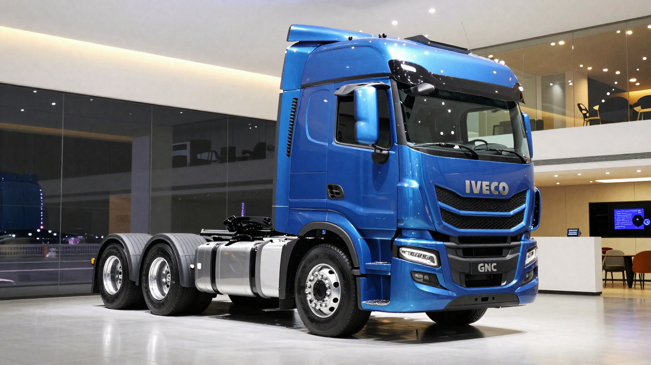 Cavalo mecânico azul Iveco GNC exposto em ambiente interno moderno e iluminado.