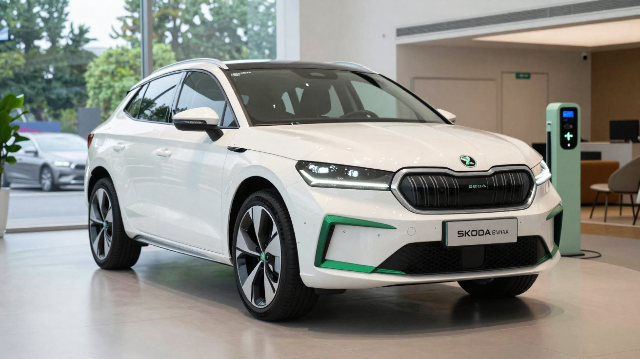 Carro elétrico branco Skoda Enyaq EV iVX exposto em showroom moderno com carregador ao fundo.