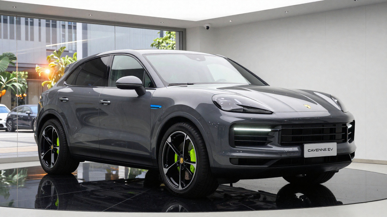 SUV elétrico Porsche Cayenne EV cinza estacionado em showroom moderno com piso refletivo.