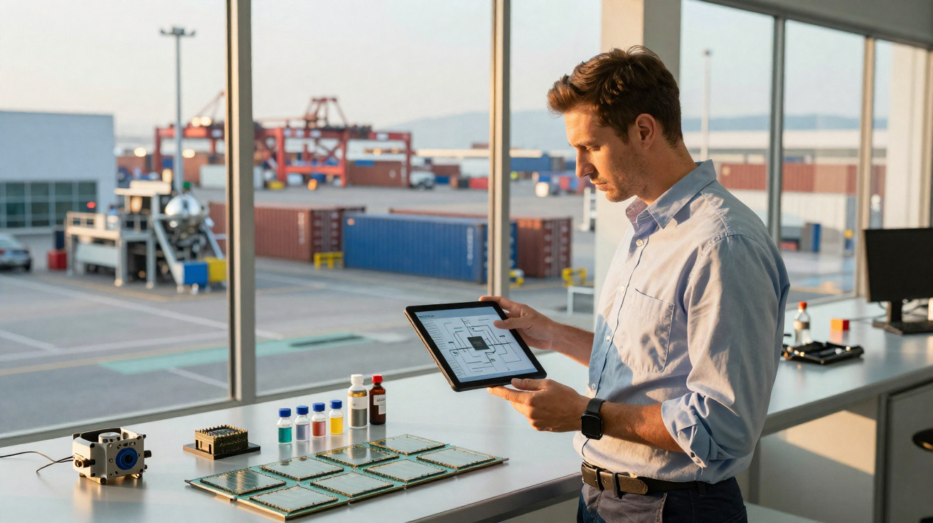 Homem analisa planta eletrônica em tablet dentro de laboratório com vista para área industrial.