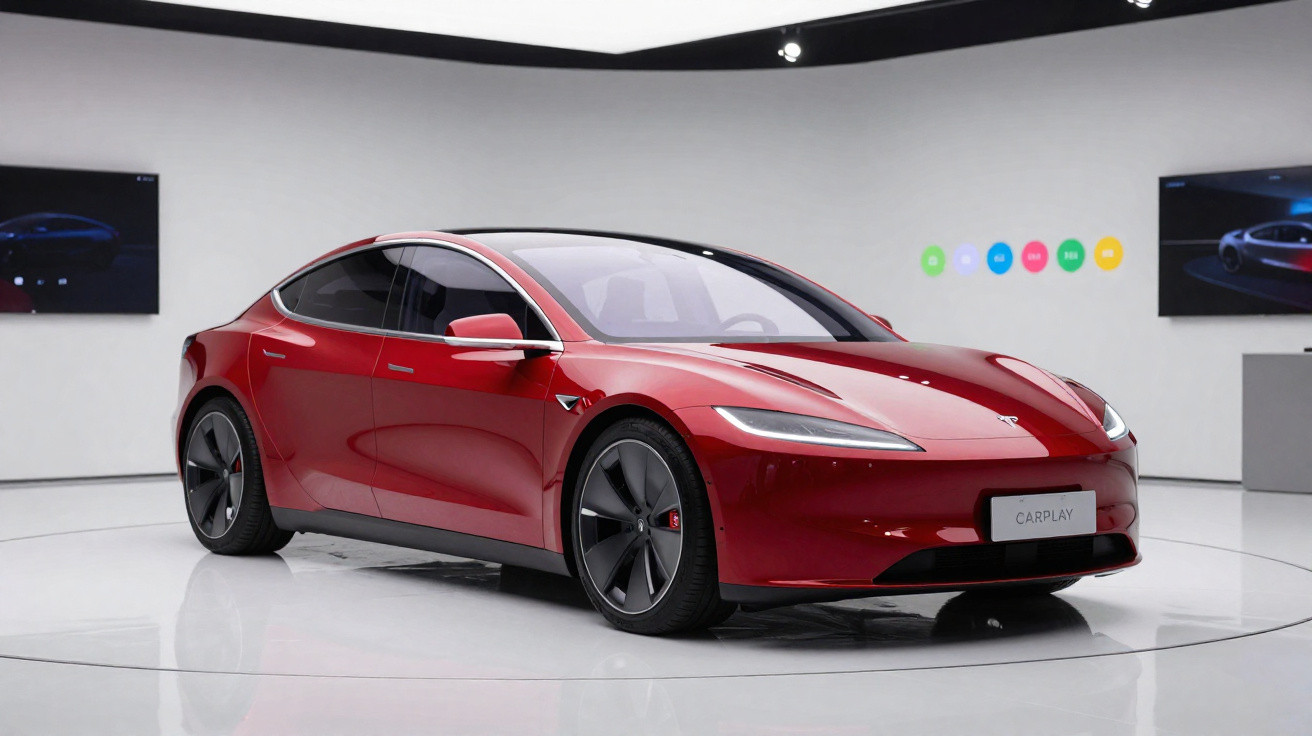Carro elétrico esportivo vermelho Tesla em exibição em ambiente moderno e minimalista.