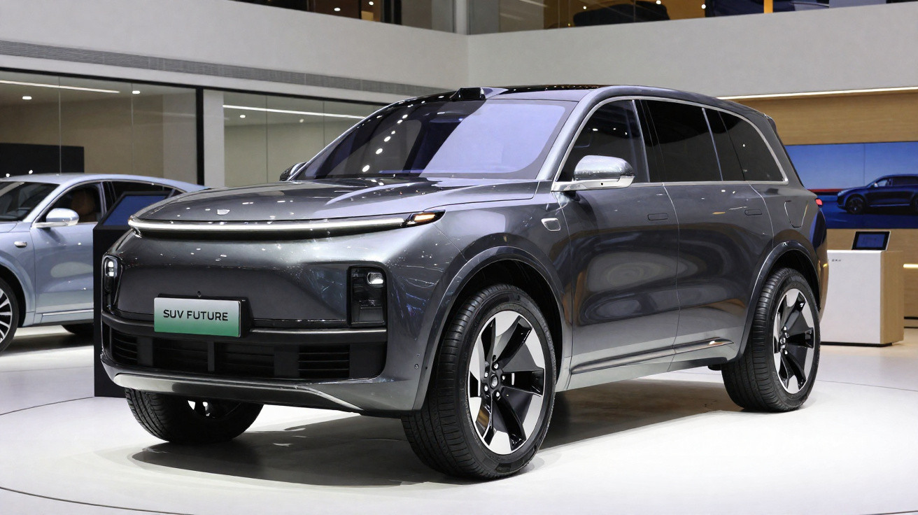 SUV futurista cinza metálico em exposição, com design moderno e rodas grandes em showroom iluminado.