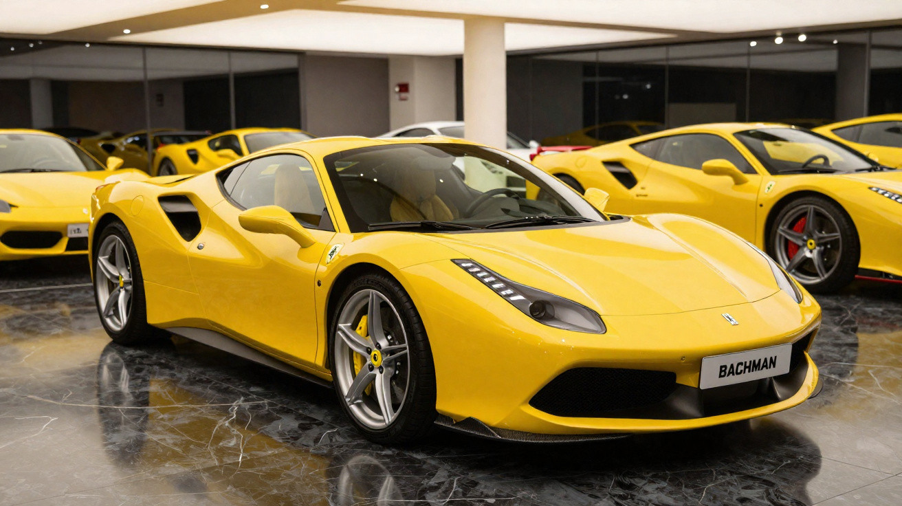 Carro esportivo Ferrari amarelo estacionado em showroom com piso de mármore e parede espelhada.