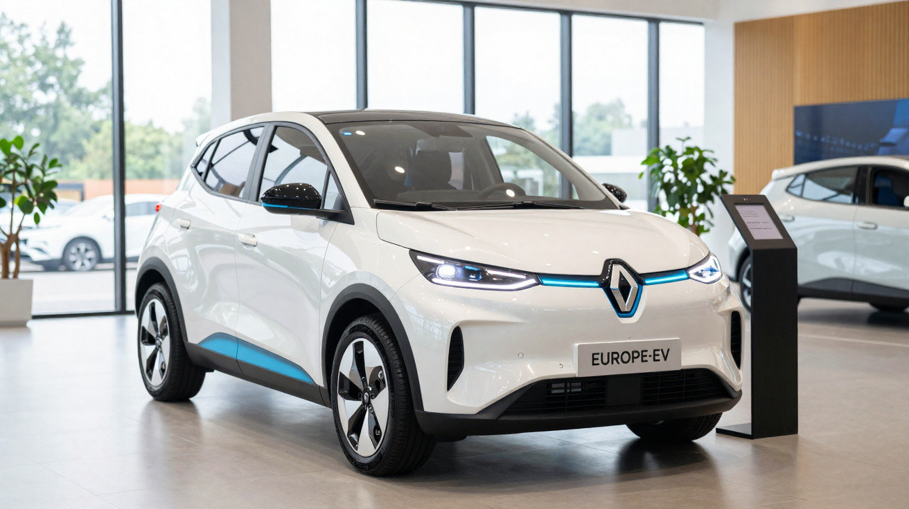 Carro elétrico branco Renault Europe-EV em exposição dentro de showroom moderno e iluminado.