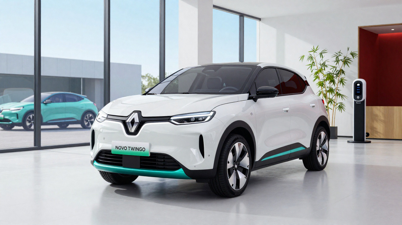 Carro elétrico branco Renault Novo Twingo exposto em ambiente moderno com parede de vidro.