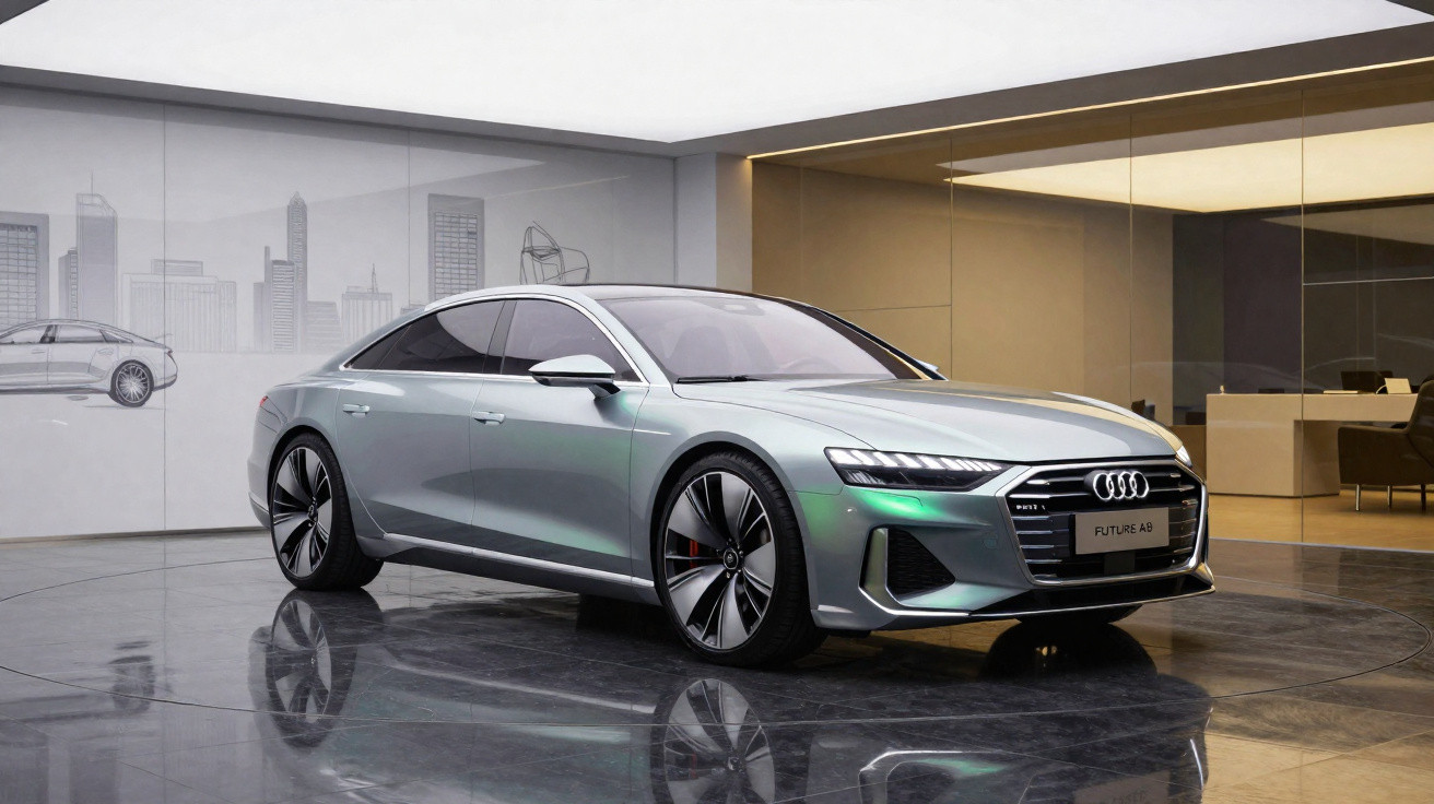Carro elétrico Audi futurista prata em exposição interna com vitrines e decoração moderna.