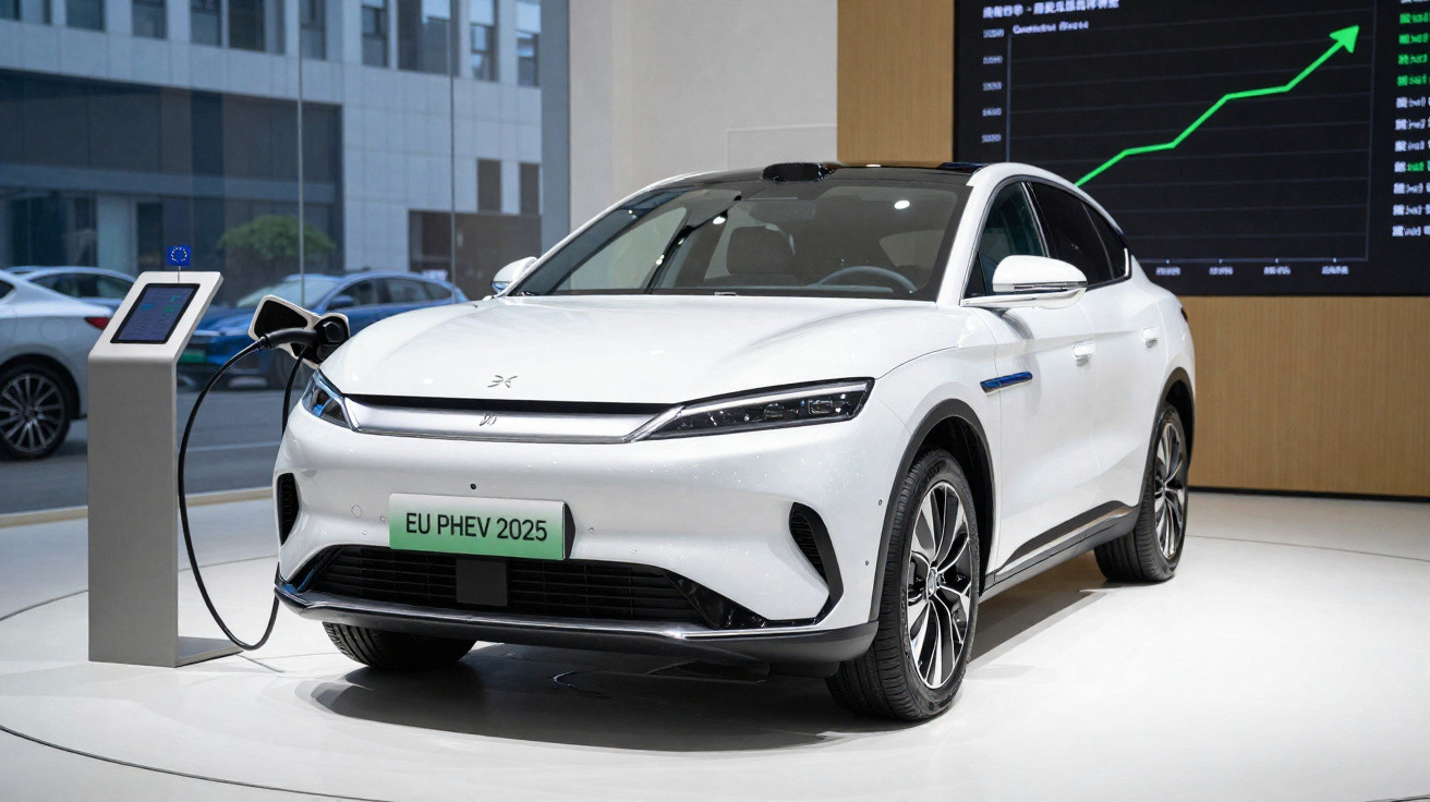 Carro elétrico branco modelo EU PHEV 2025 conectado a estação de recarga em ambiente moderno.