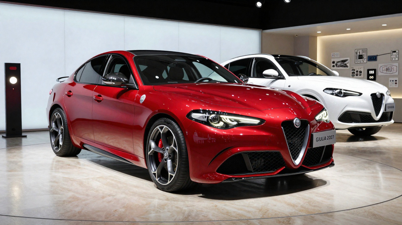 Dois carros Alfa Romeo Giulia 2027 em exposição, um vermelho e outro branco, em ambiente moderno.
