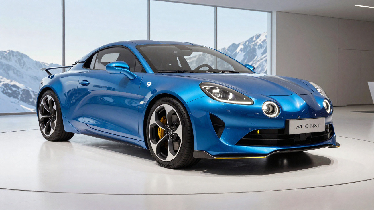 Carro esportivo azul Alpine A110 NXT em exposição interna com montanhas nevadas ao fundo.