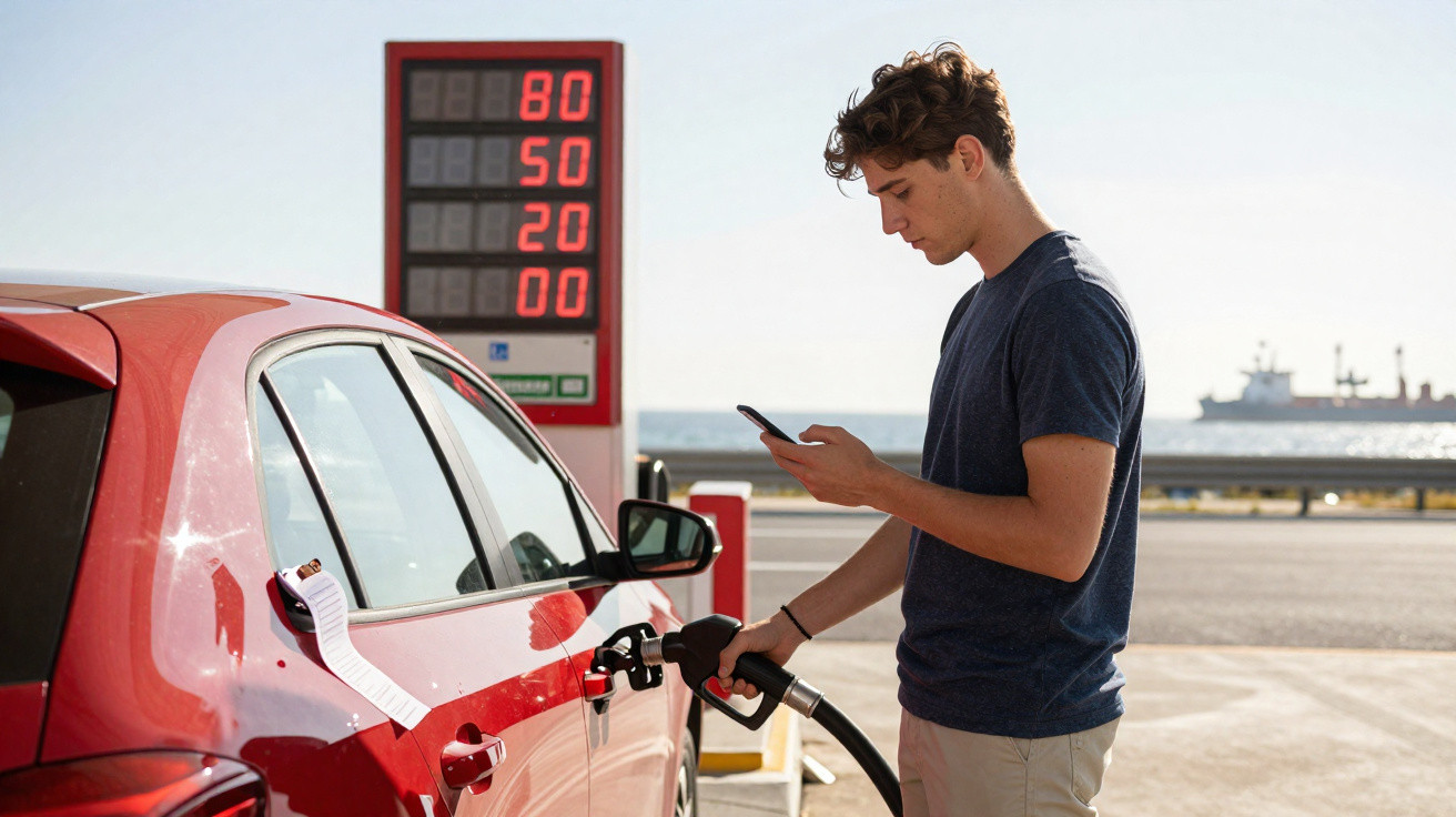 Homem abastecendo carro vermelho em posto de gasolina à beira-mar enquanto olha para o celular.