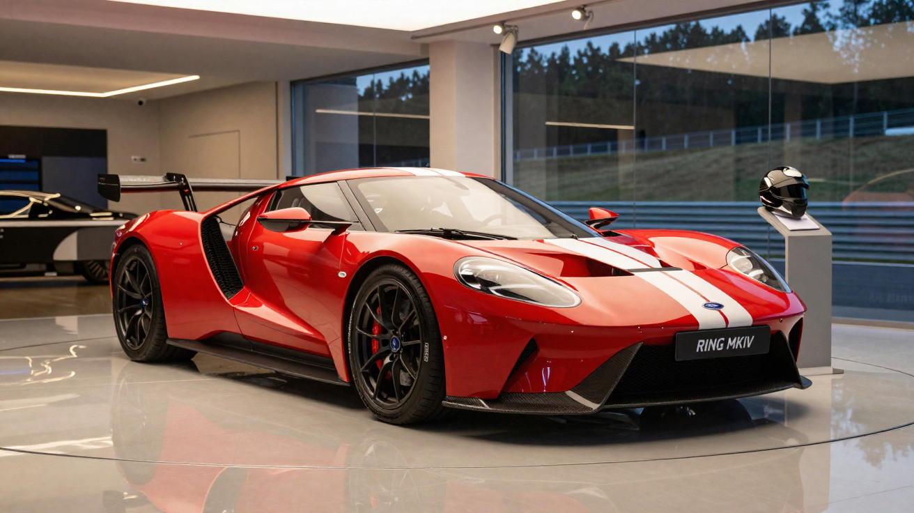 Carro esportivo vermelho com faixa branca, modelo Ring MKIV, exibido em showroom moderno com capacete ao lado.