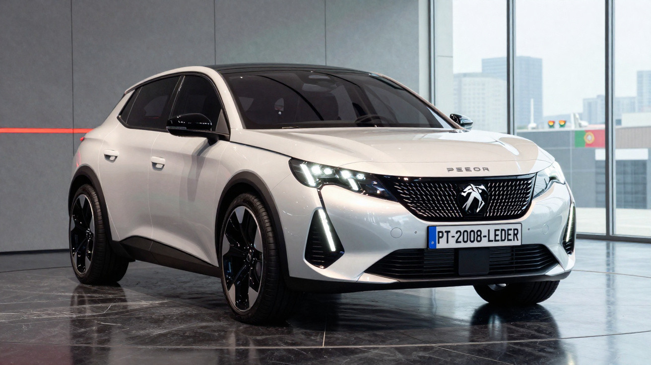 Carro Peugeot 2008 branco exibido em ambiente interno com janelas grandes ao fundo.