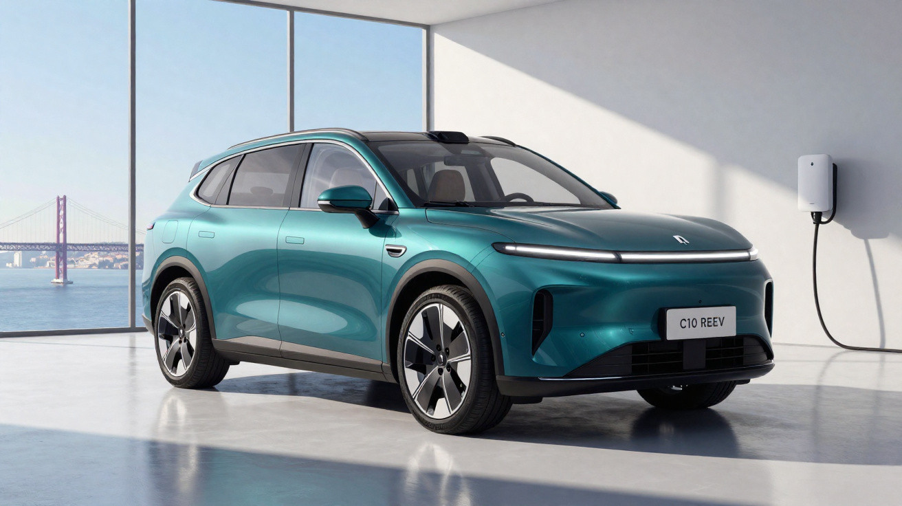 Carro elétrico SUV verde azul carregando na parede de sala moderna com janela grande e vista para ponte.