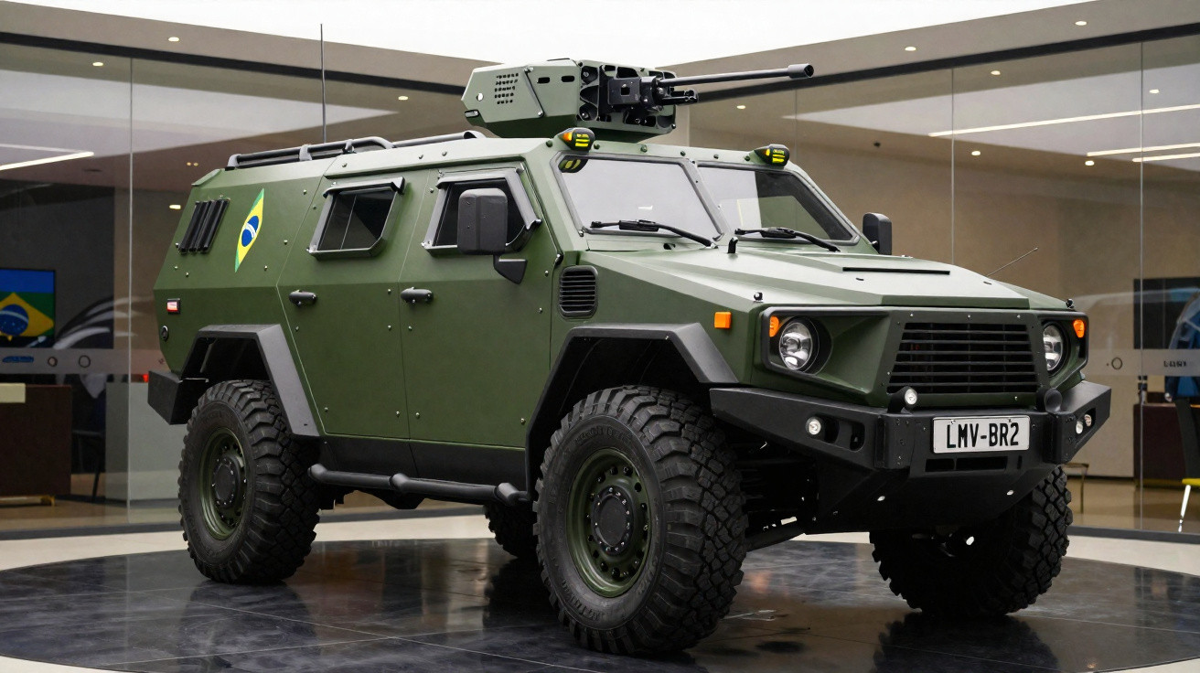 Veículo blindado militar verde com bandeira do Brasil e torre de arma, exibido em ambiente interno moderno.