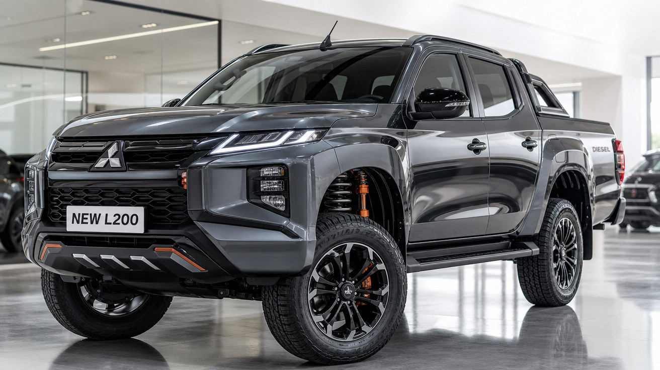 Picape Mitsubishi L200 nova cinza escuro em showroom com rodas pretas e suspensão elevada.
