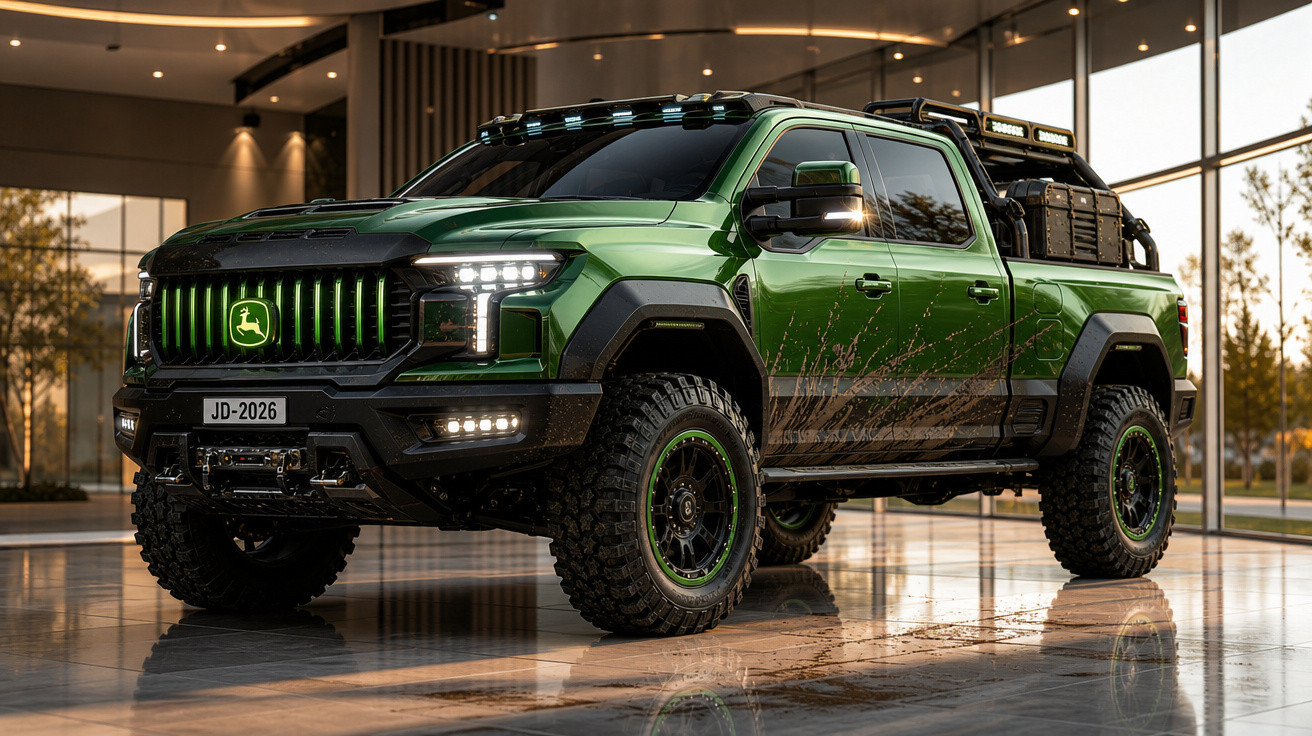 Picape verde robusta com pneus off-road, luzes de LED e detalhes pretos estacionada em ambiente moderno.
