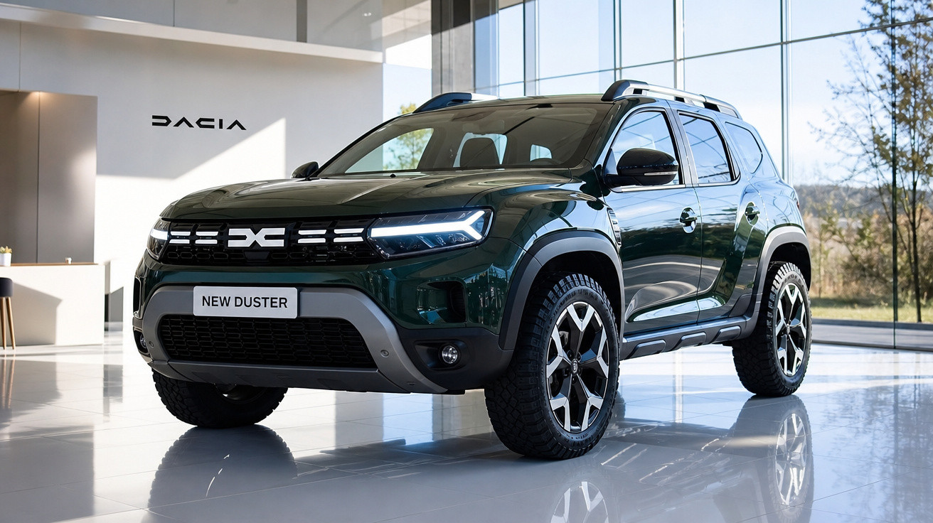 SUV Dacia New Duster verde escuro em showroom com iluminação natural e piso branco.