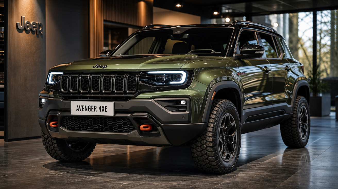 SUV Jeep Avenger 4XE verde metálico exibido em showroom moderno e iluminado.
