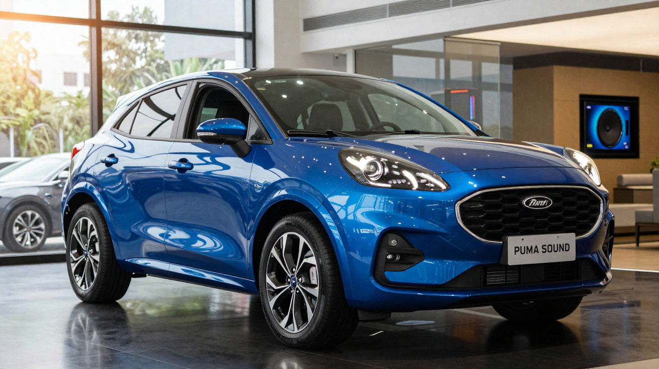 Carro SUV azul exibido em showroom moderno com iluminação natural e detalhes sofisticados.
