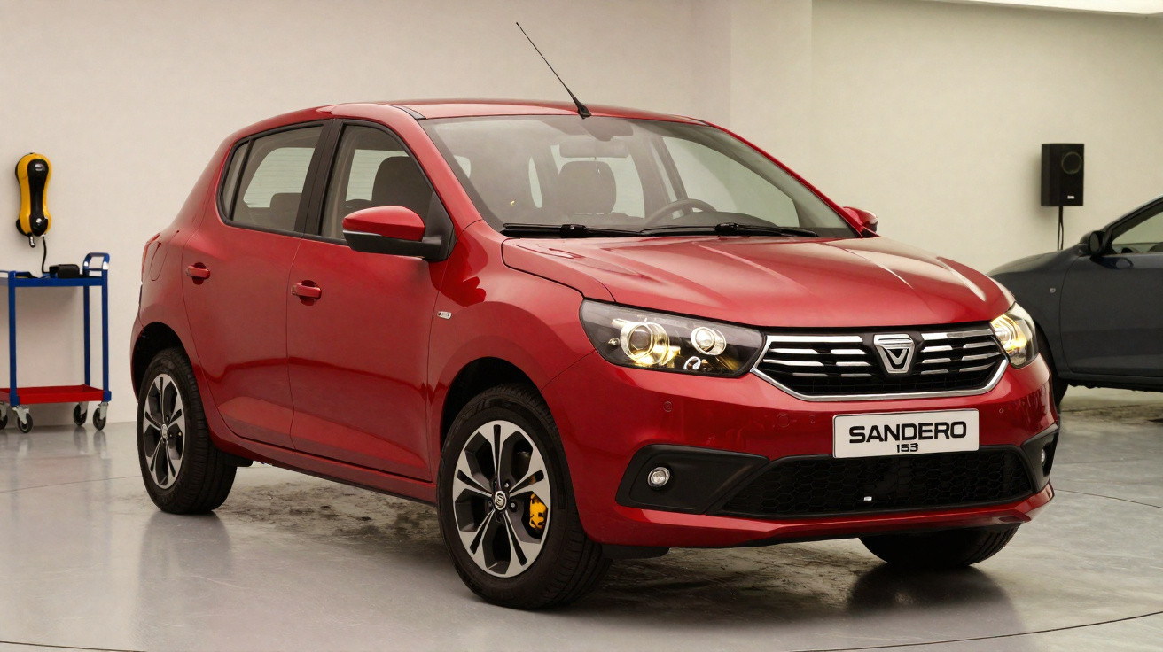 Carro hatch vermelho modelo Sandero 1.6, estacionado em ambiente interno com piso cinza.