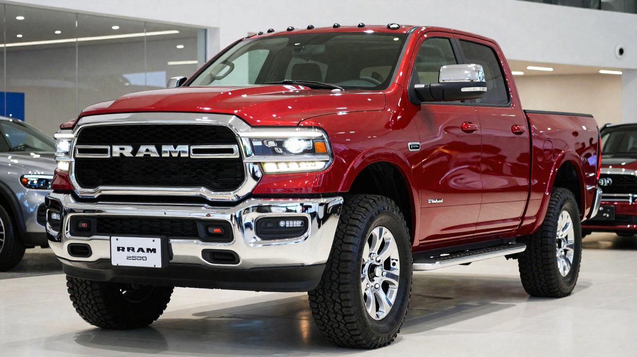 Picape vermelha RAM 2500 em showroom com acabamento cromado e rodas robustas.