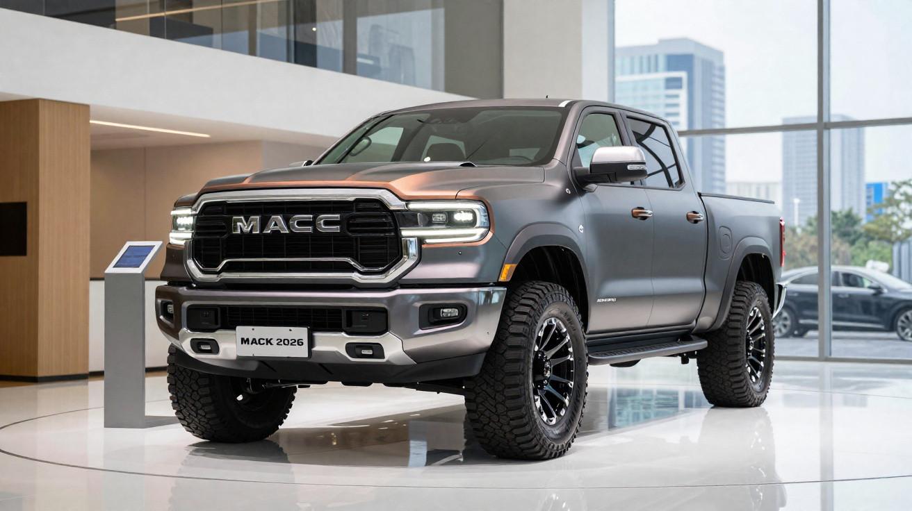 Picape cinza MACK 2026 exibida em showroom moderno com rodas robustas e grade frontal preta.
