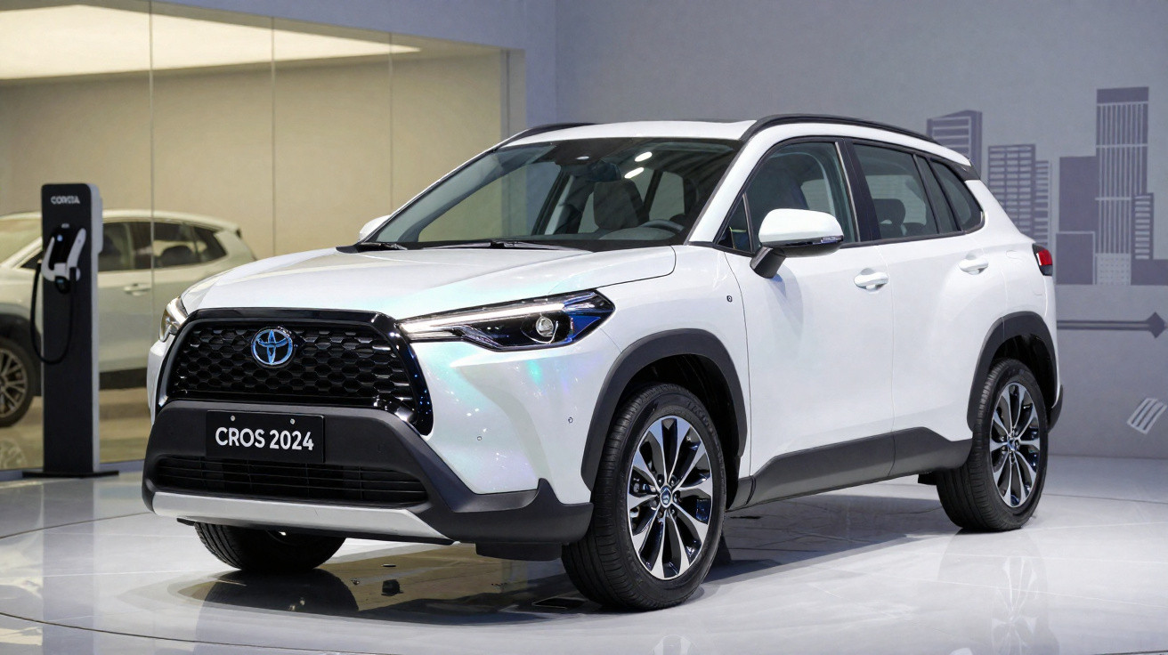 SUV Toyota Corolla Cross 2024 branco exibido em salão com fundo cinza e iluminação interna.