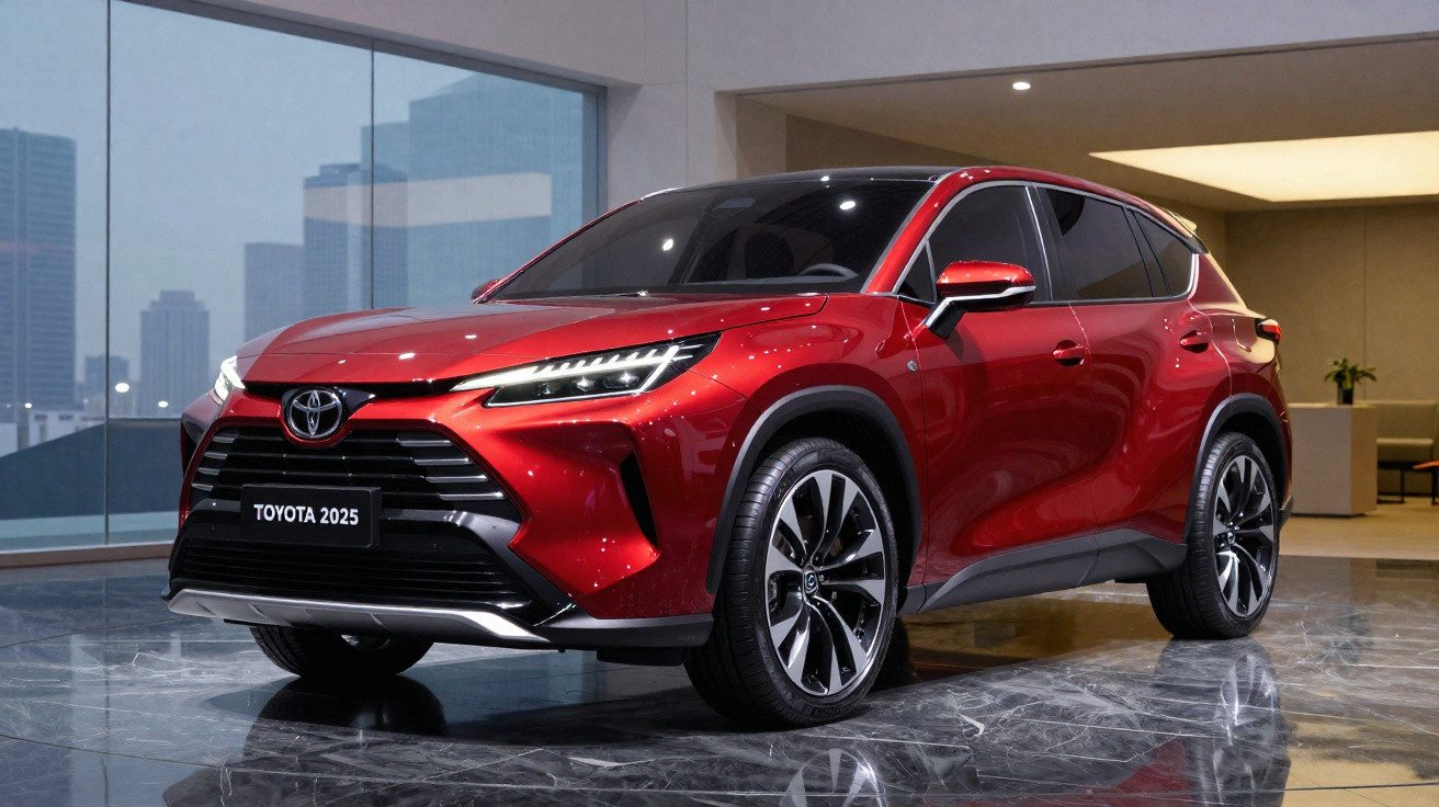 SUV Toyota 2025 vermelho estacionado em ambiente interno com piso de mármore e janelas grandes.