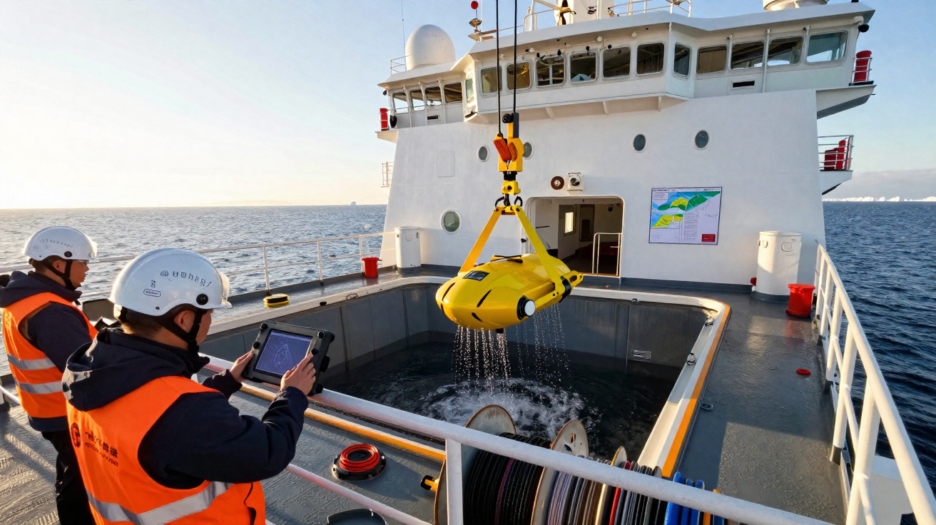 Dois técnicos com coletes laranjas e capacetes operam um robô subaquático amarelo na proa de um navio em mar aberto.