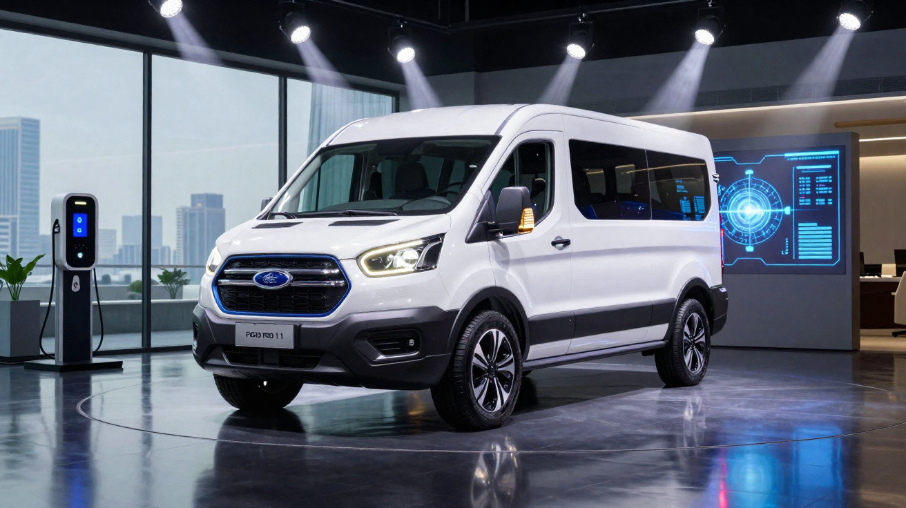 Van branca Ford Transit elétrica em showroom moderno com painel digital ao fundo e estação de recarga.