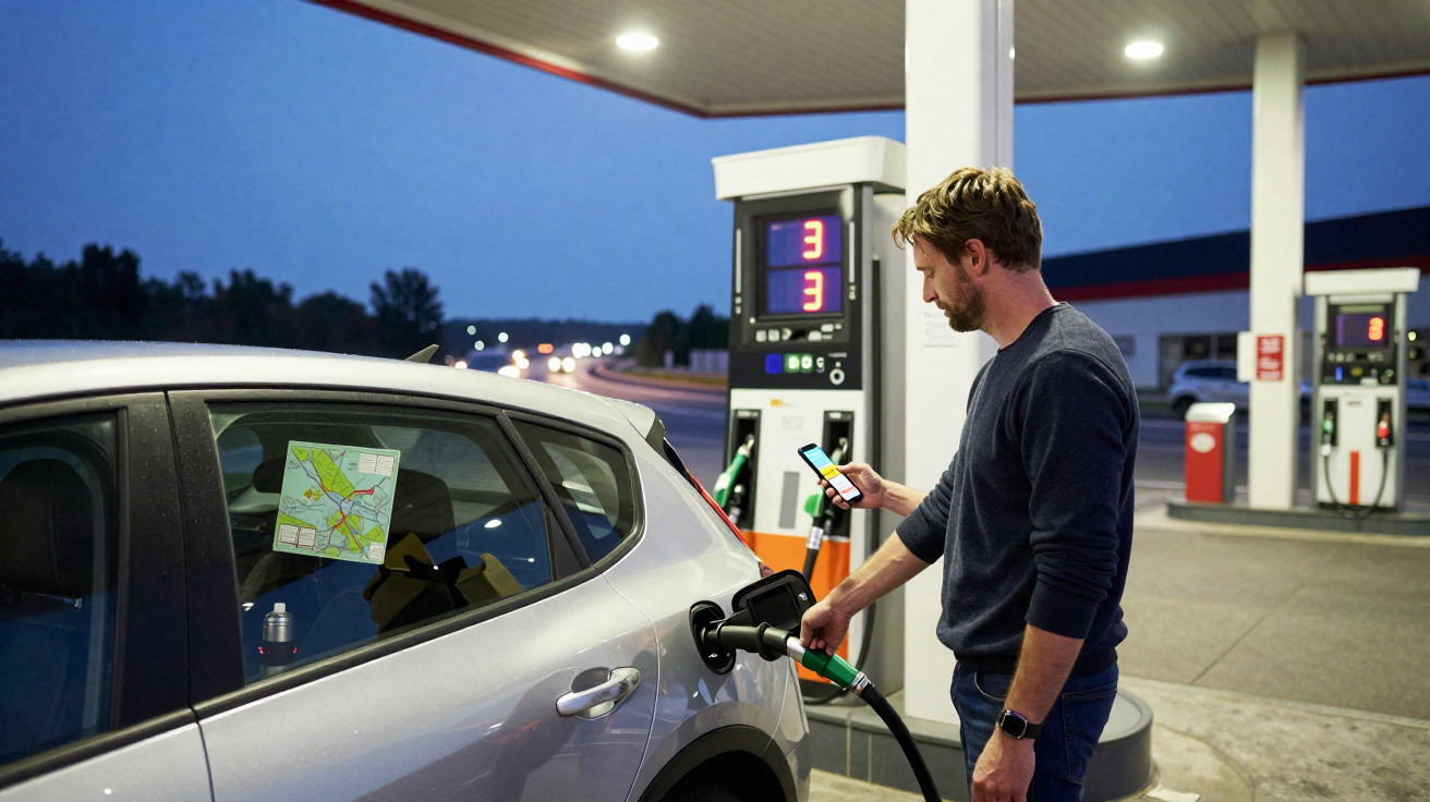 Homem abastecendo carro elétrico em posto de gasolina ao anoitecer enquanto usa celular.