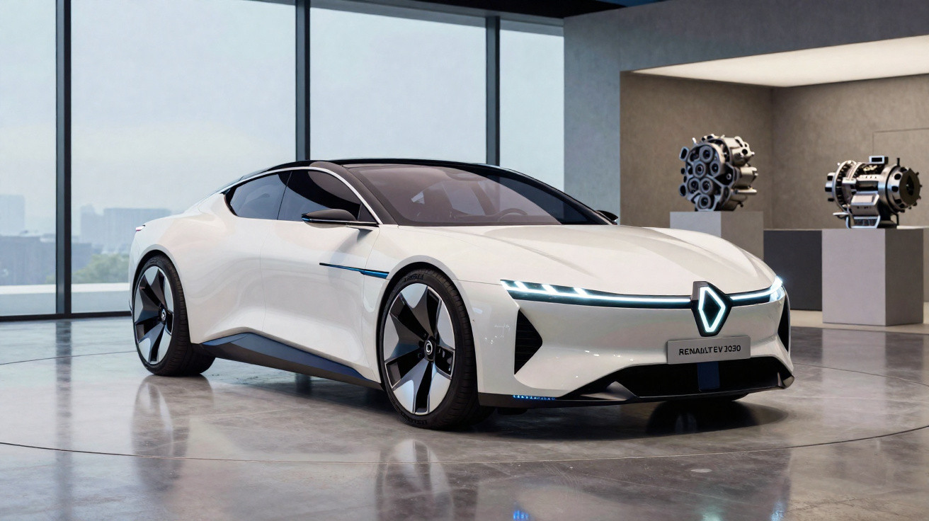 Carro elétrico branco Renault EV 2030 com design futurista em ambiente interno moderno.