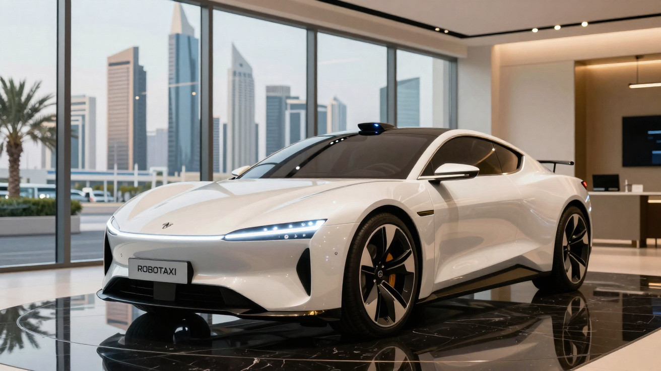 Carro futurista branco em exposição interna com grandes janelas e vista para prédios modernos ao fundo