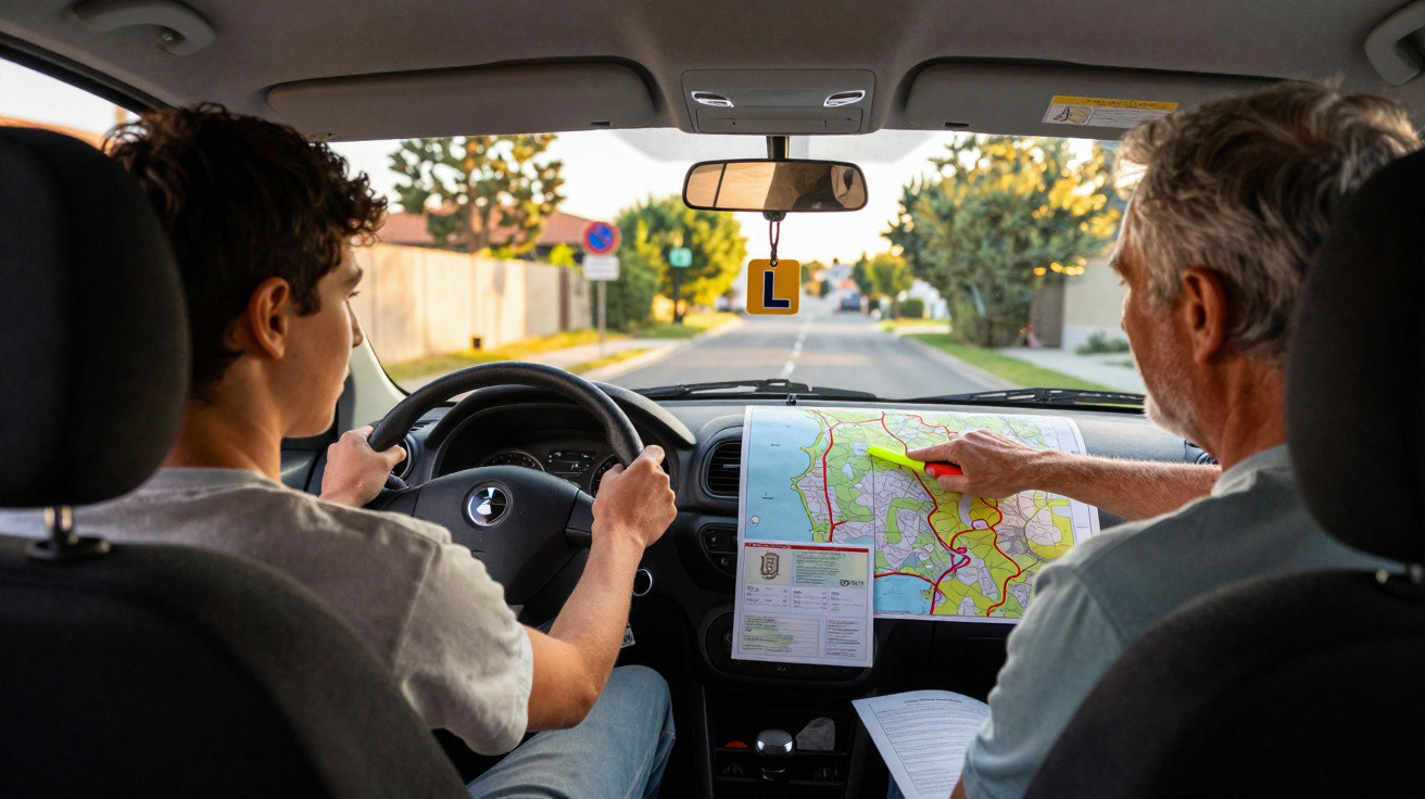 Instrutor de direção ensinando um jovem motorista em um carro, com mapa e marcador nas mãos.