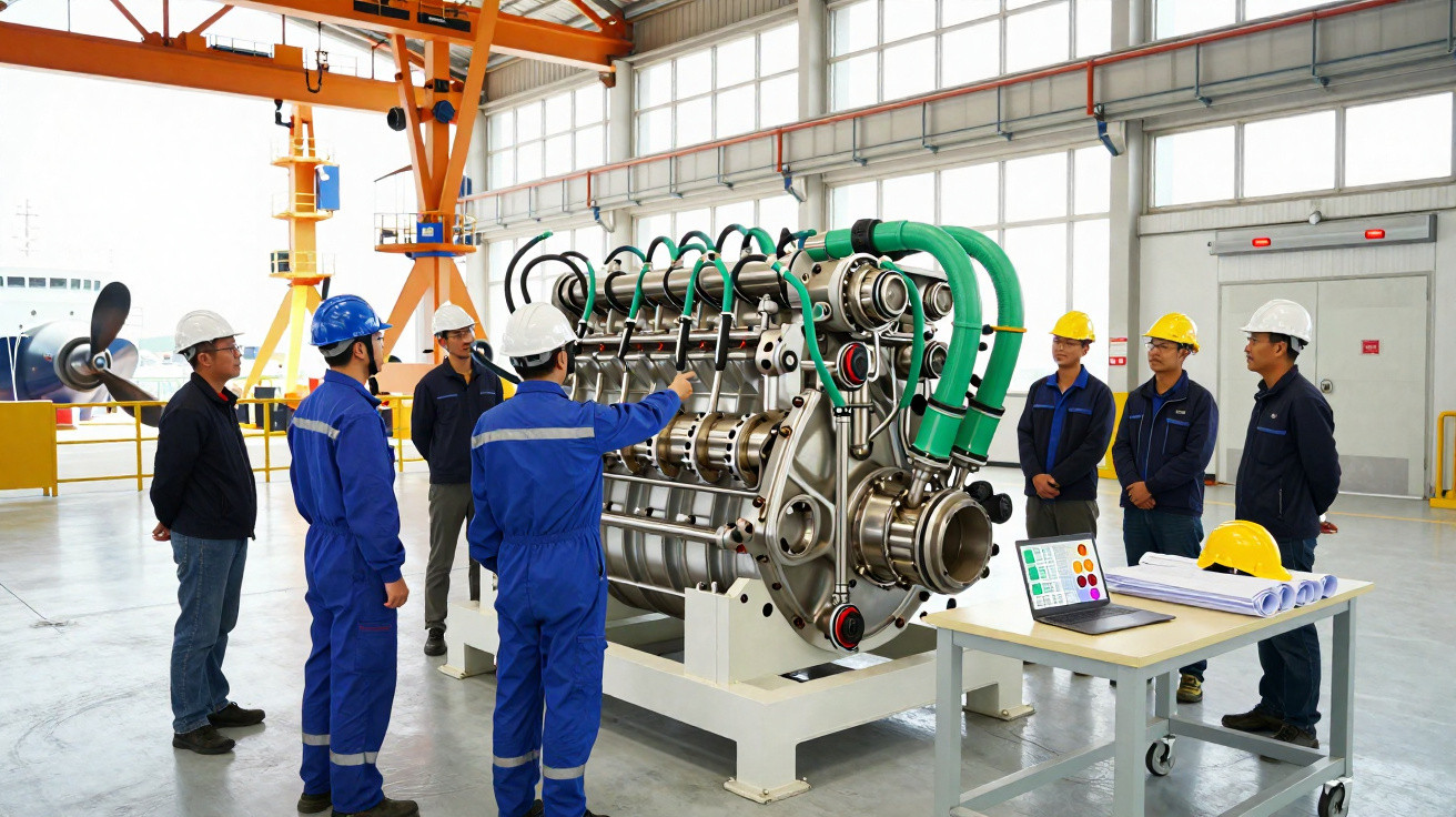 Engenheiros de segurança e técnicos observam máquina industrial grande em fábrica moderna.