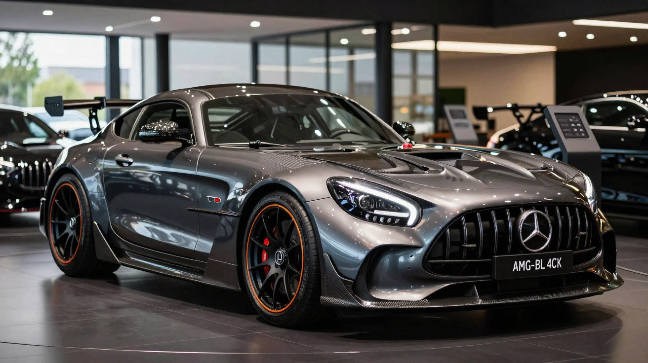 Carro esportivo Mercedes-Benz AMG cinza metálico exibido em showroom com rodas pretas e detalhes em laranja.
