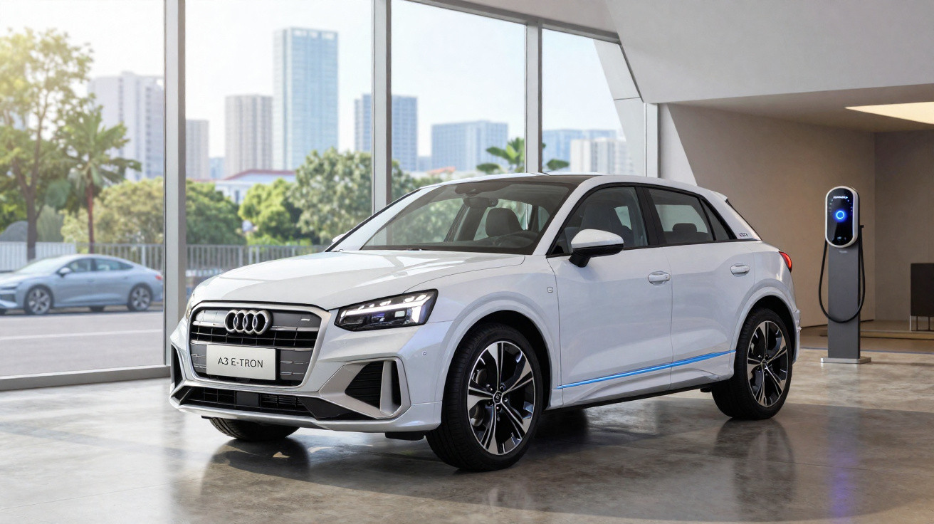 Carro elétrico Audi A3 e-tron branco em showroom moderno com estação de carregamento ao fundo.