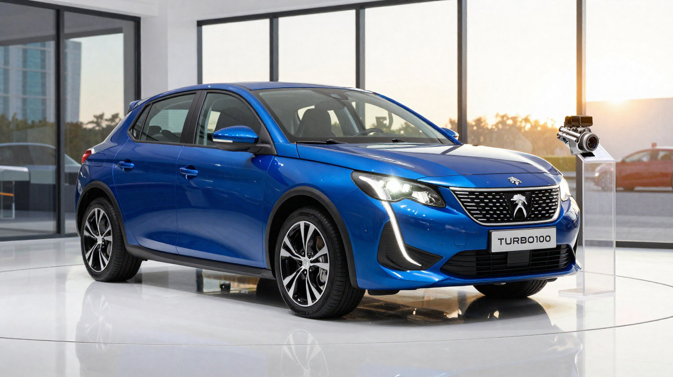 Carro hatch azul Peugeot Turbo100 exposto em ambiente interno com roda estilizada e iluminação natural.