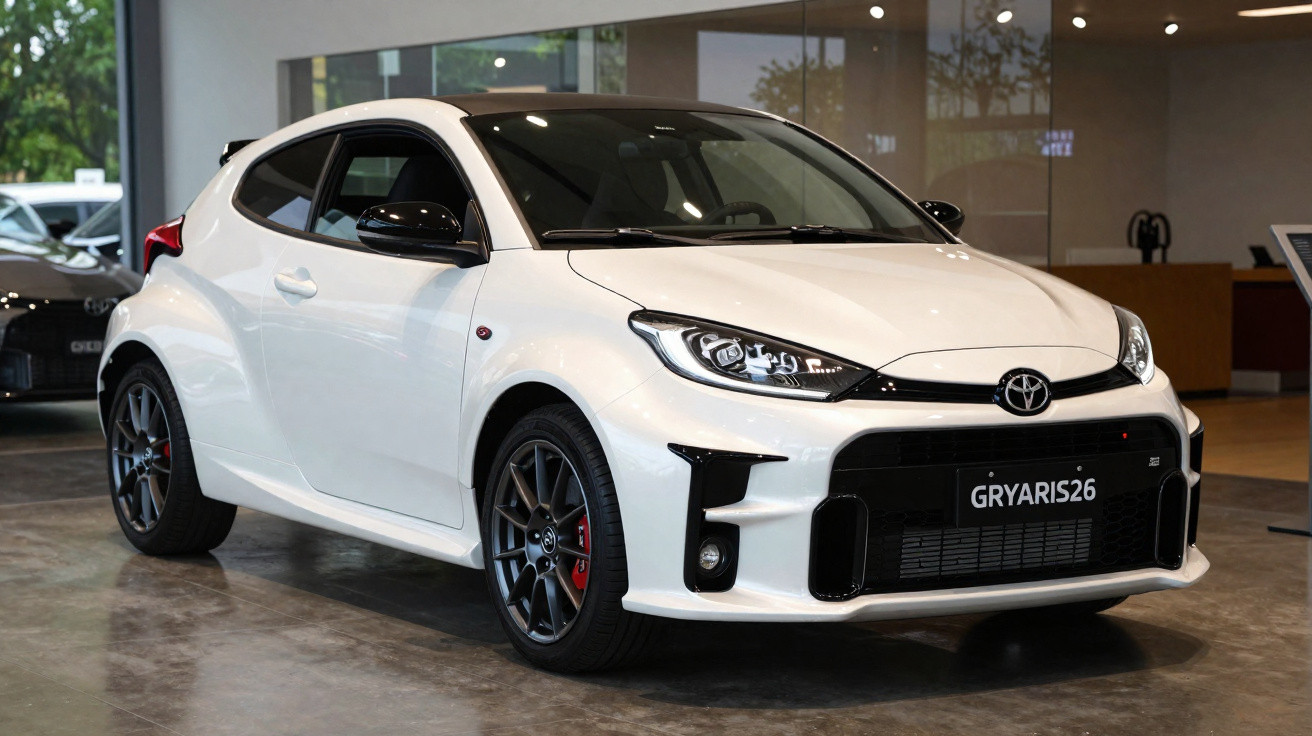 Toyota GR Yaris branco estacionado dentro de showroom com rodas pretas e detalhes vermelhos.
