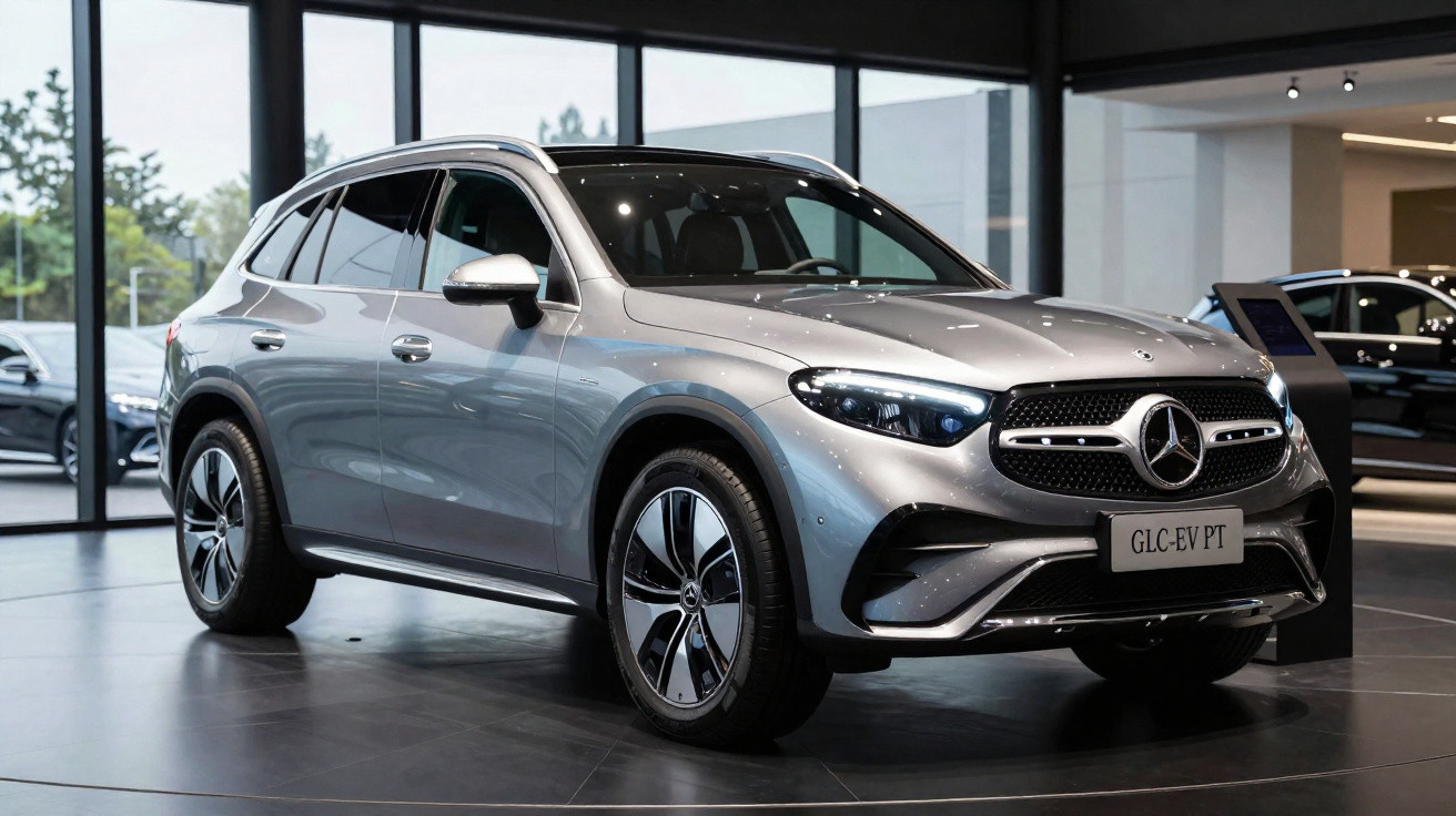 Carro SUV Mercedes-Benz prata elétrico modelo GLC-EV PT em exposição interna com teto de vidro.